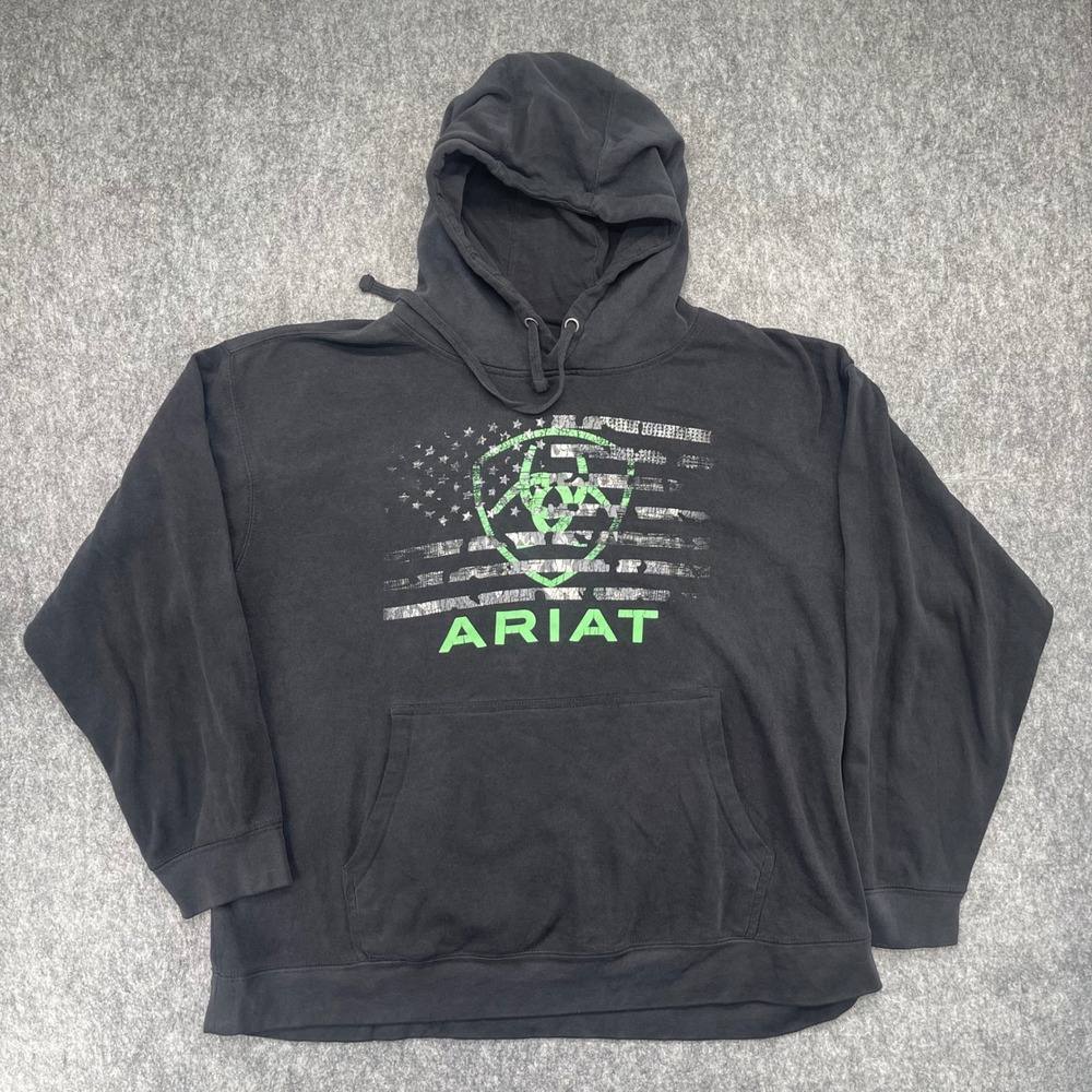 Ariat Hoodie Mens 3XL Black Neon Green Distressed Flag Graphic Sweatshirt